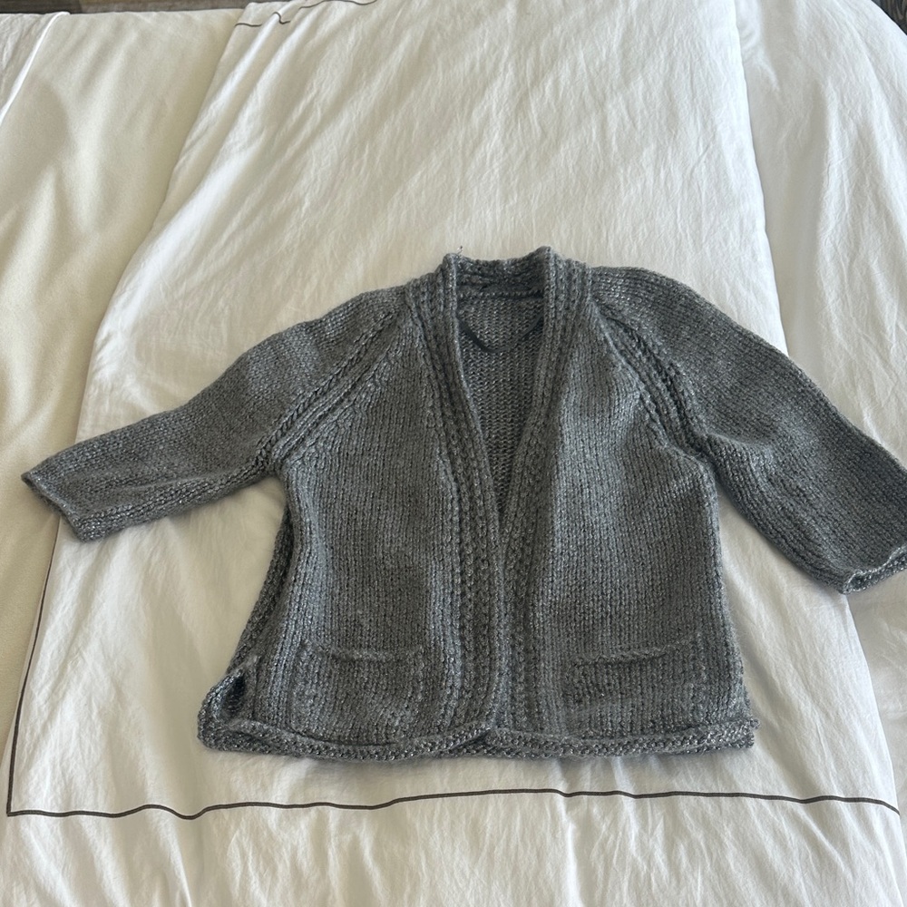 Luisa Cerano grey/silver open cardigan sweater. 3/4 length sleeves.